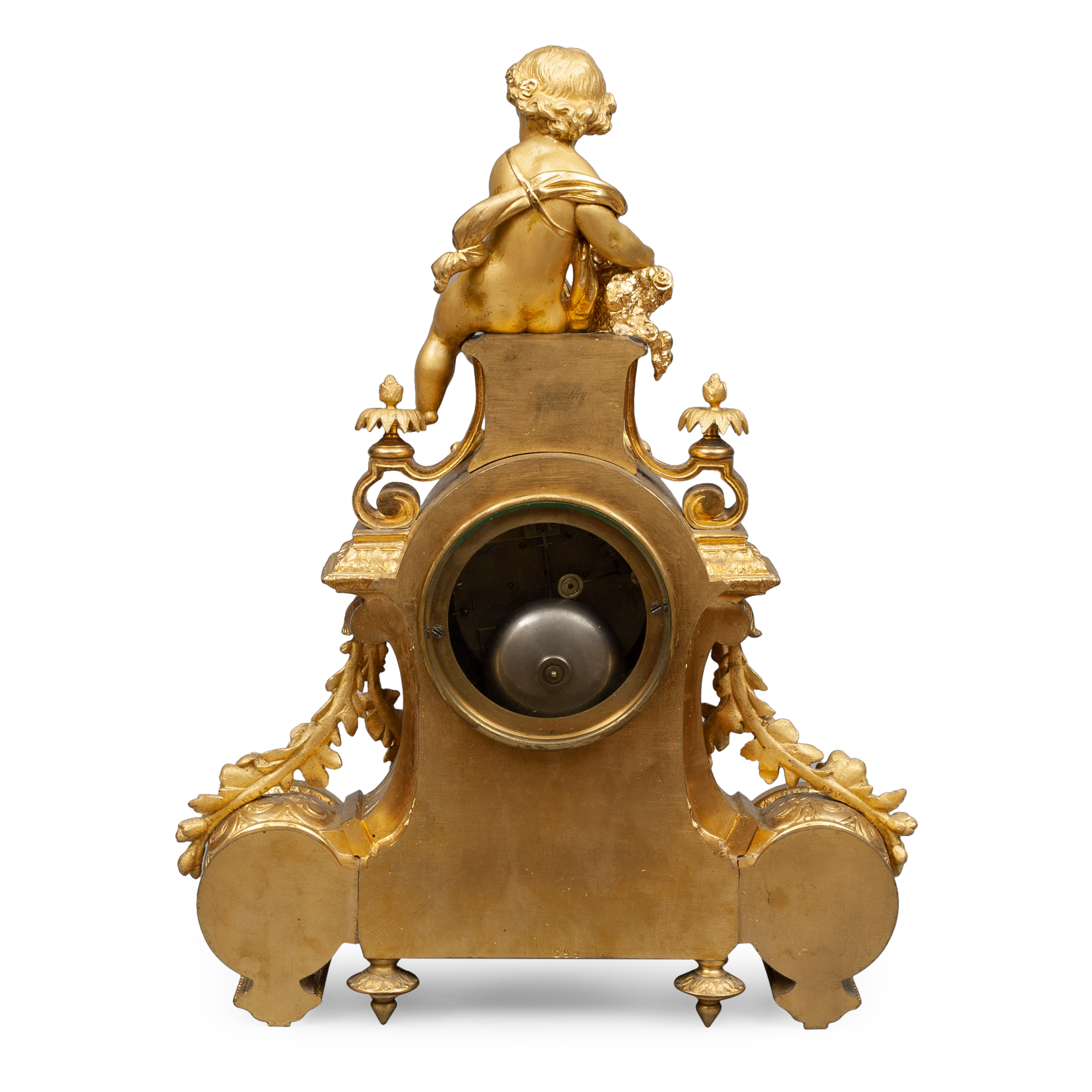 Часы с фигурой амура и два канделябра с фарфоровыми живописными вставками