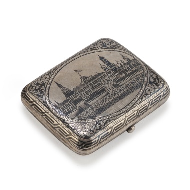 Серебряный портсигар с чернью «Виды московского Кремля»