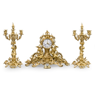 Парадный каминный комплект: часы и два канделябра в стиле Людовика XV