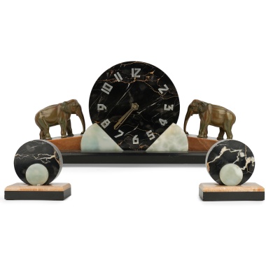 Комплект в стиле ар-деко: часы со слонами и два декоративных пресс-папье