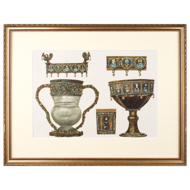 Хромолитография экспонаты сокровищницы Сан Марко «Корона византийского императора Льва VI, Амфора из горного хрусталя, Потир из сардоникса римского императора»