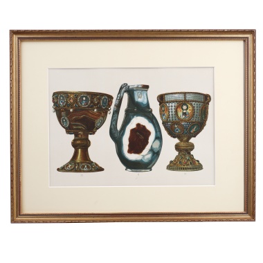 Хромолитография экспонаты сокровищницы Сан Марко «Чаша из сардоникса, Амфора из сердоликового оникса, серебряная чаша»