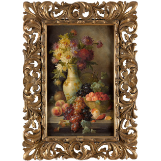 Натюрморт с цветами и фруктами в ажурной раме