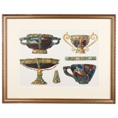 Хромолитография экспонаты сокровищницы Сан Марко «Оникс-агатовая ваза с двумя ручками, сардониксовая чаша, ваза из рубинового стекла, ваза из сардоникса»