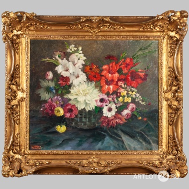 Натюрморт «Корзина с цветами и гладиолусами»