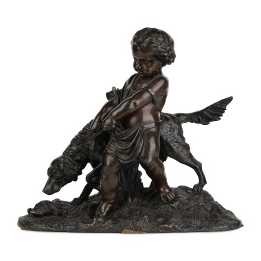 Французская скульптура «Ребёнок, удерживающий охотничью собаку»